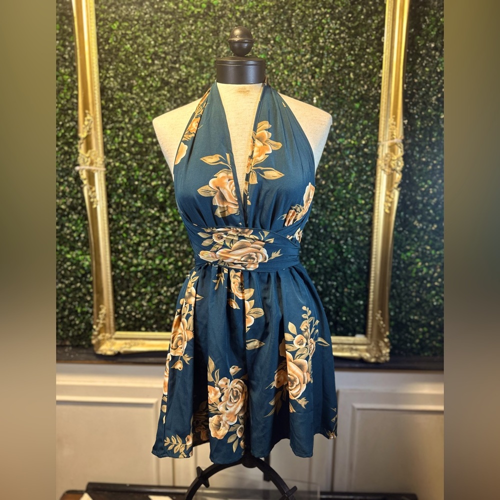 NWT multi way wear boutique dark green floral romper jumpsuit